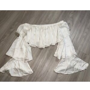 The Sang Off Shoulder Ruffle Crop Top Tiered Bell Sleeve White Womens L ST2452